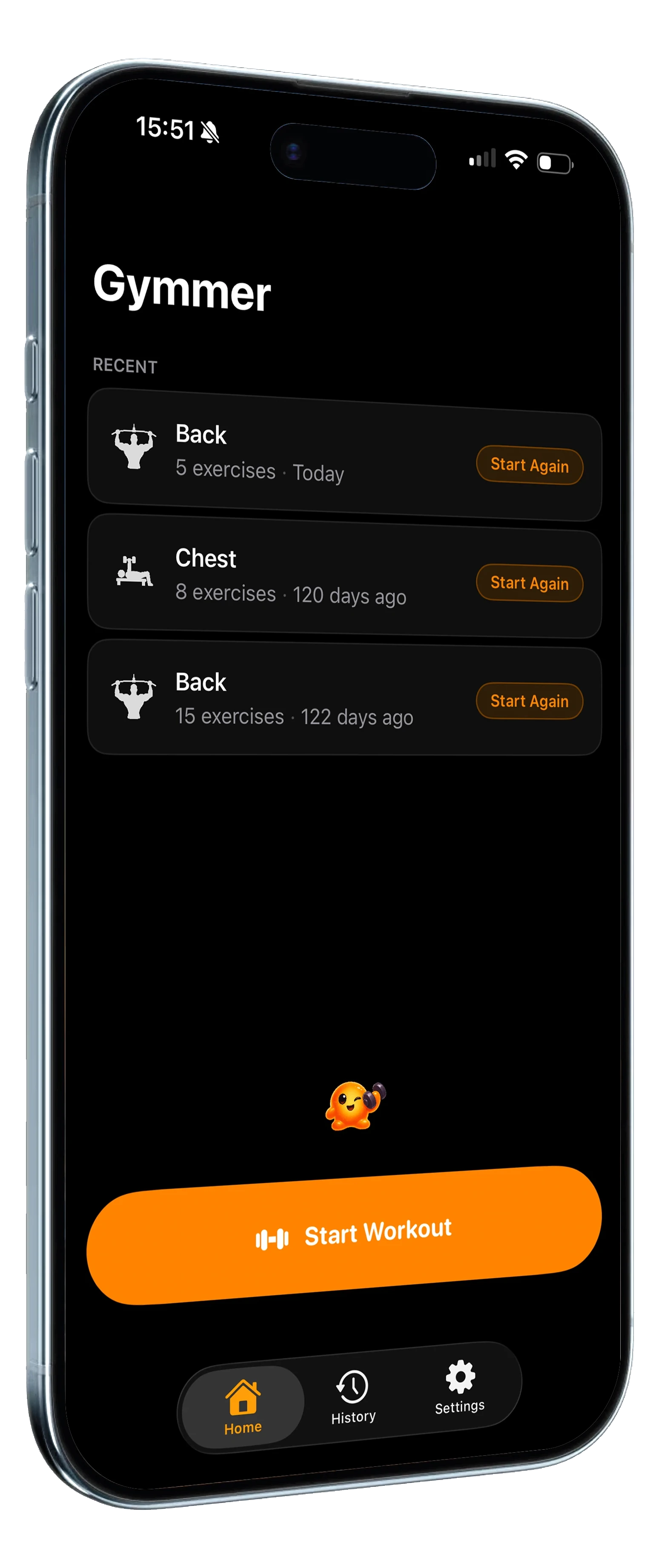 Gymmer home screen with recent workouts